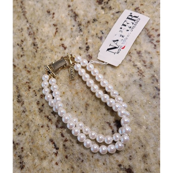 NEW! Vintage Signed Napier Double Strand Faux Pearl Bracelet Gold Tone Clasp - Picture 1 of 8